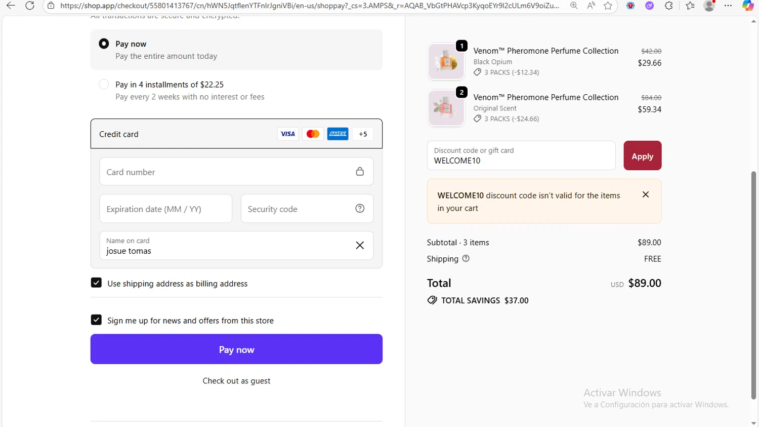 Venom Scent discount code screenshot showing code WELCOME10 applied at Venom Scent checkout page. Uploaded by SimplyCodes community member Franco20 on Nov 15, 2025