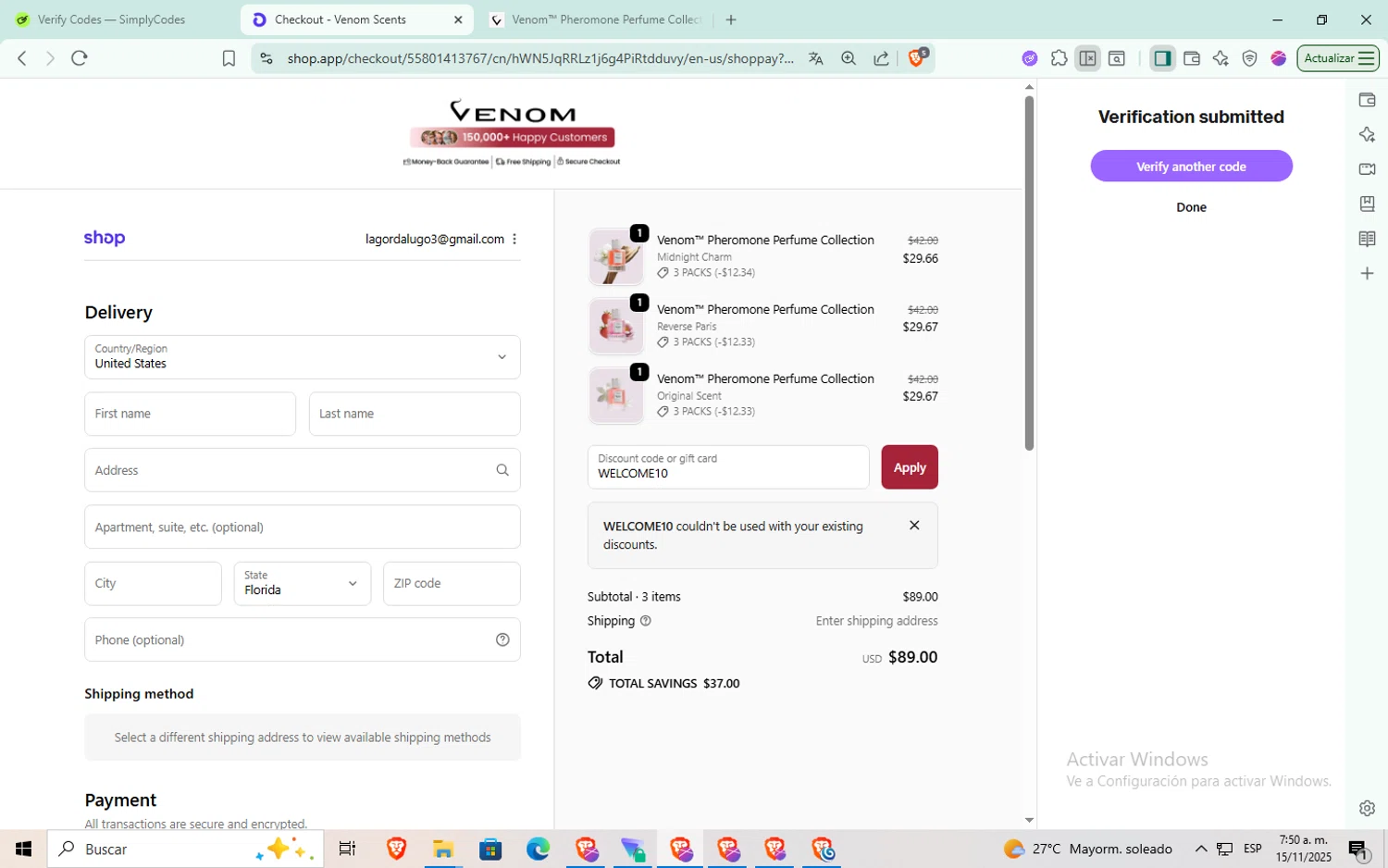 Venom Scent discount code screenshot showing code WELCOME10 applied at Venom Scent checkout page. Uploaded by SimplyCodes community member Puta_madre10 on Nov 15, 2025