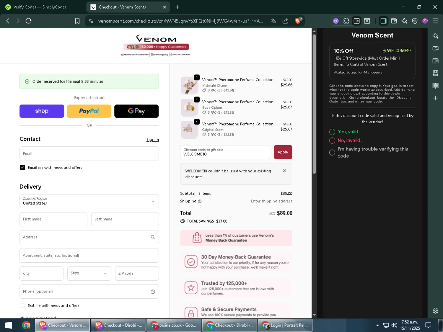 Venom Scent discount code screenshot showing code WELCOME10 applied at Venom Scent checkout page. Uploaded by SimplyCodes community member zadquiel on Nov 15, 2025