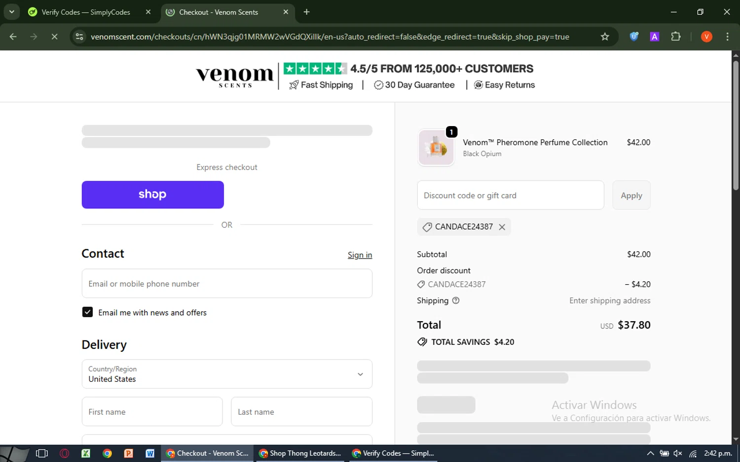 Venom Scent discount code screenshot showing code CANDACE24387 applied at Venom Scent checkout page. Uploaded by SimplyCodes community member SavingsCaptain8190 on Oct 7, 2025