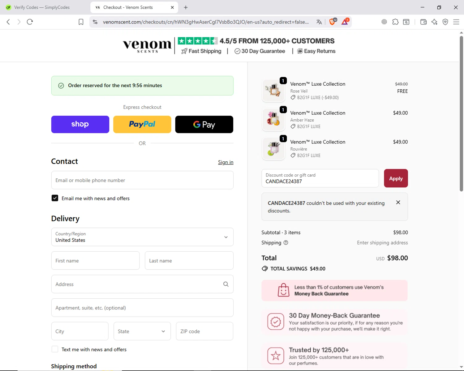 Venom Scent discount code screenshot showing code CANDACE24387 applied at Venom Scent checkout page. Uploaded by SimplyCodes community member ShieldAdmiral6835 on Oct 3, 2025