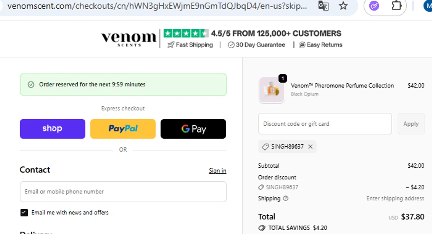 Venom Scent discount code screenshot showing code SINGH89637 applied at Venom Scent checkout page. Uploaded by SimplyCodes community member PennyOwl2559 on Oct 3, 2025