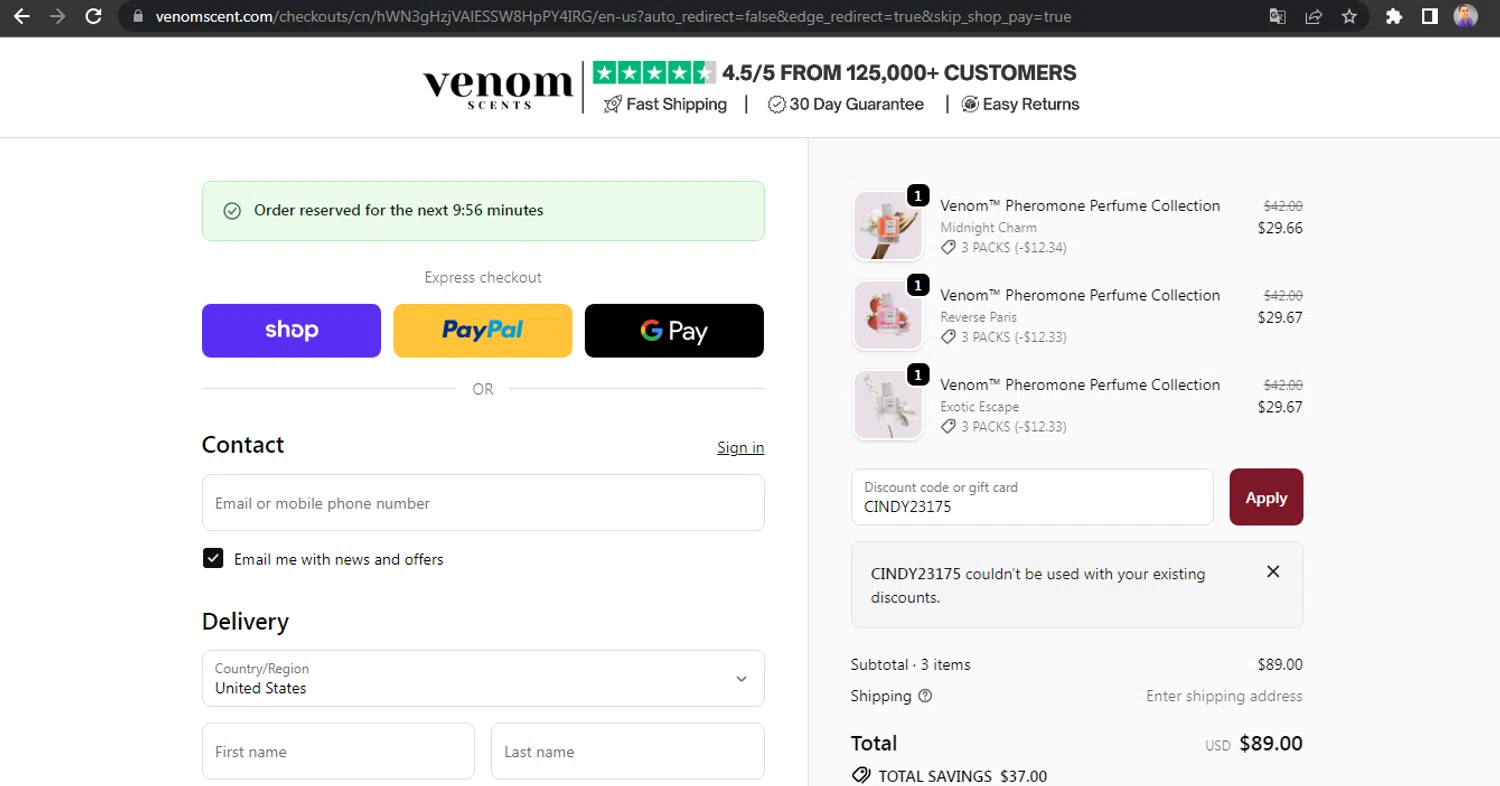 Venom Scent discount code screenshot showing code CINDY23175 applied at Venom Scent checkout page. Uploaded by SimplyCodes community member HUNTER1406 on Oct 3, 2025