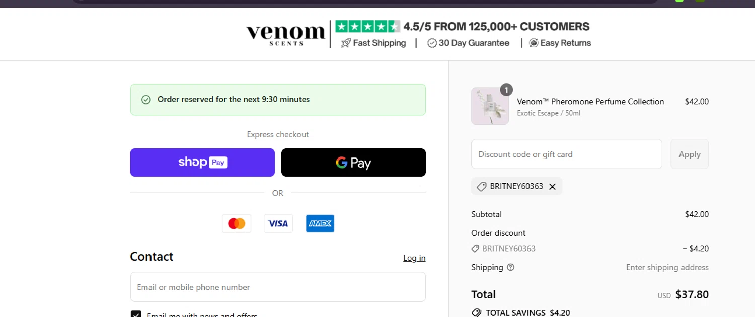 Venom Scent discount code screenshot showing code BRITNEY60363 applied at Venom Scent checkout page. Uploaded by SimplyCodes community member ashe1986 on Jul 23, 2025