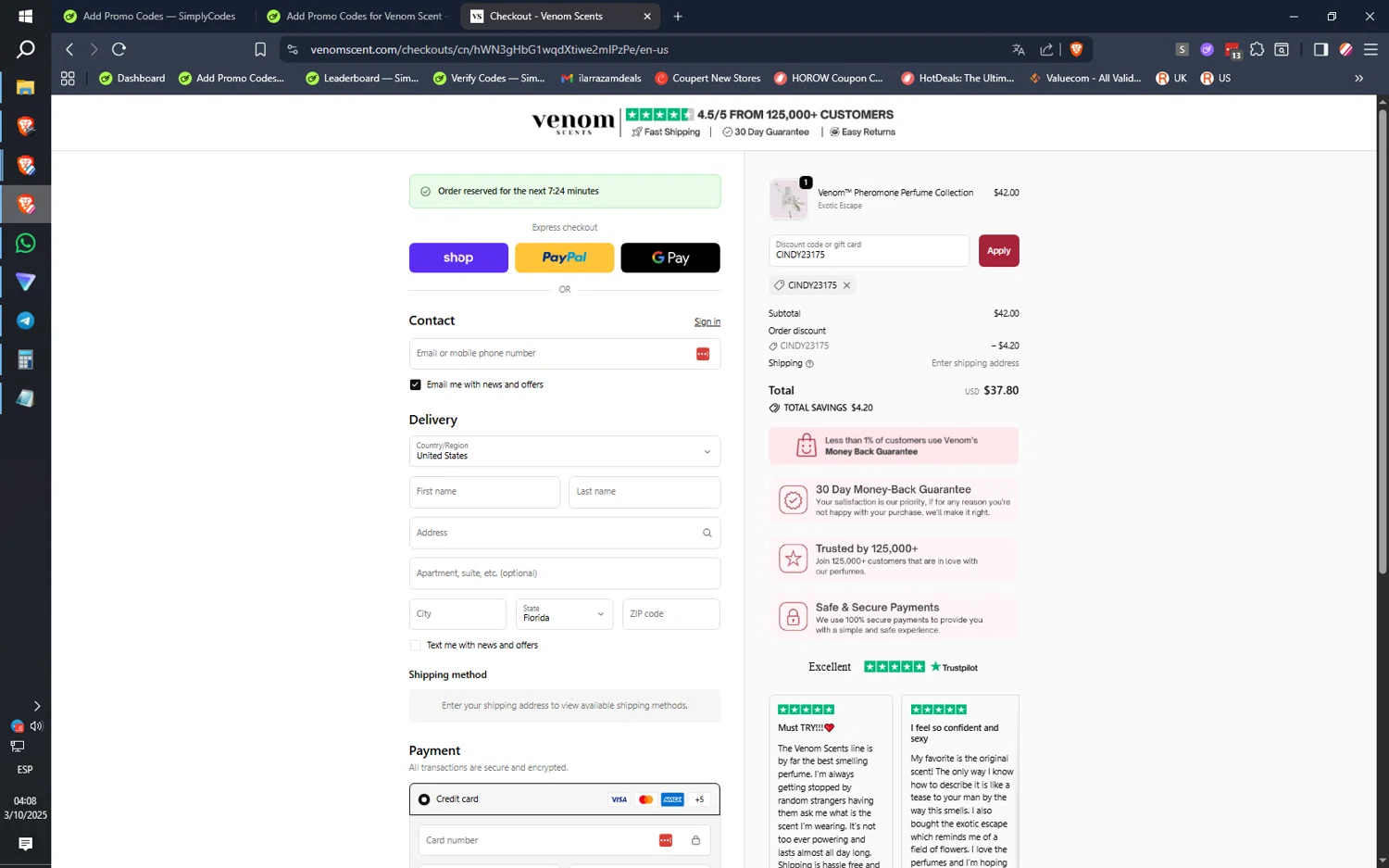 Venom Scent discount code screenshot showing code CINDY23175 applied at Venom Scent checkout page. Uploaded by SimplyCodes community member IronMind4607 on Oct 3, 2025