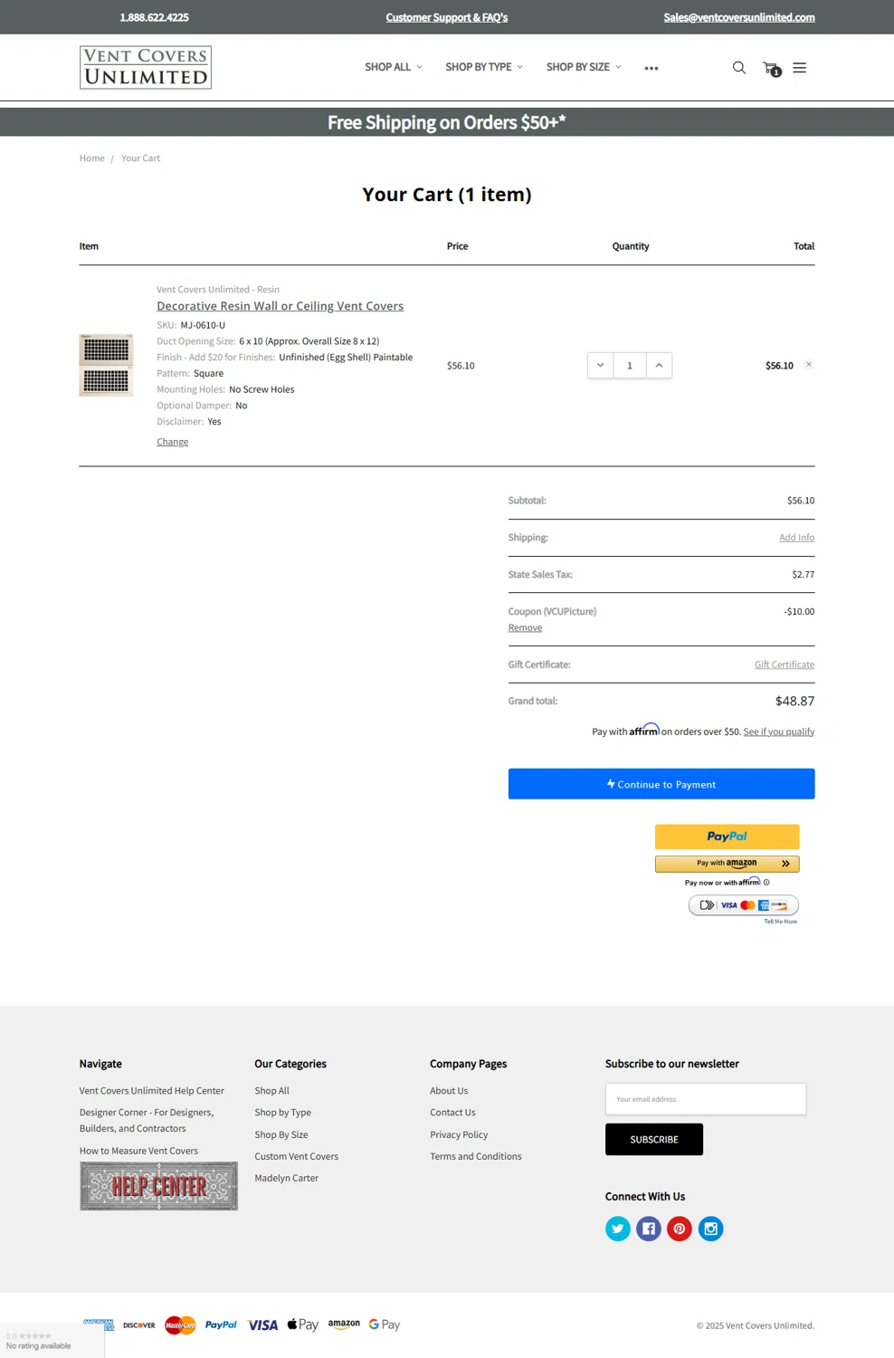 Vent Covers Unlimited coupon code screenshot showing code VCUPICTURE applied at Vent Covers Unlimited checkout page. Uploaded by SimplyCodes community member CarmenAyuth on Jul 15, 2025