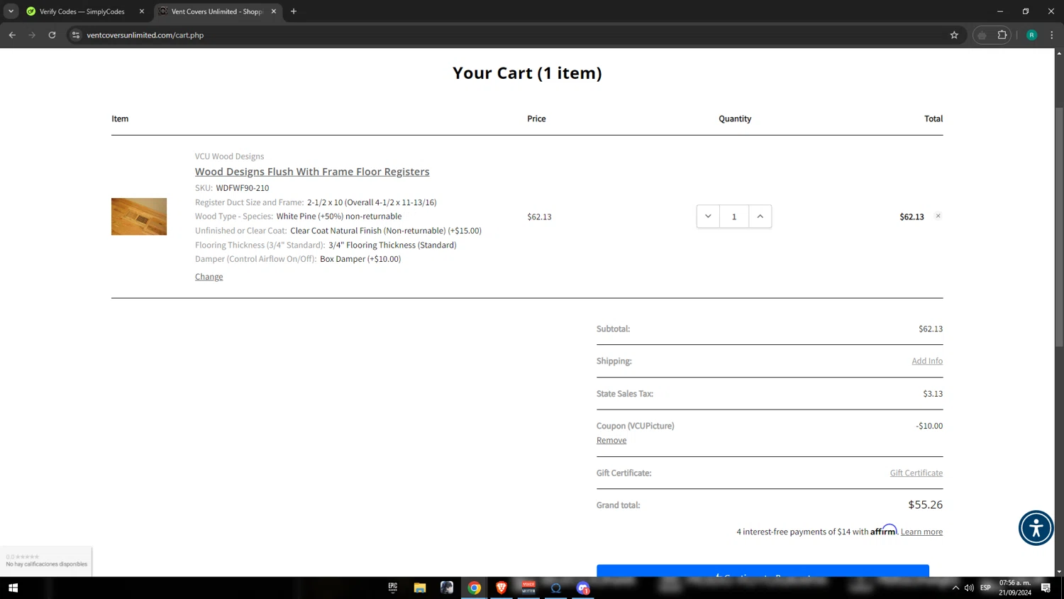Vent Covers Unlimited checkout page showing Vent Covers Unlimited coupon code box | Screenshot taken by SimplyCodes community member on Sep 21, 2024