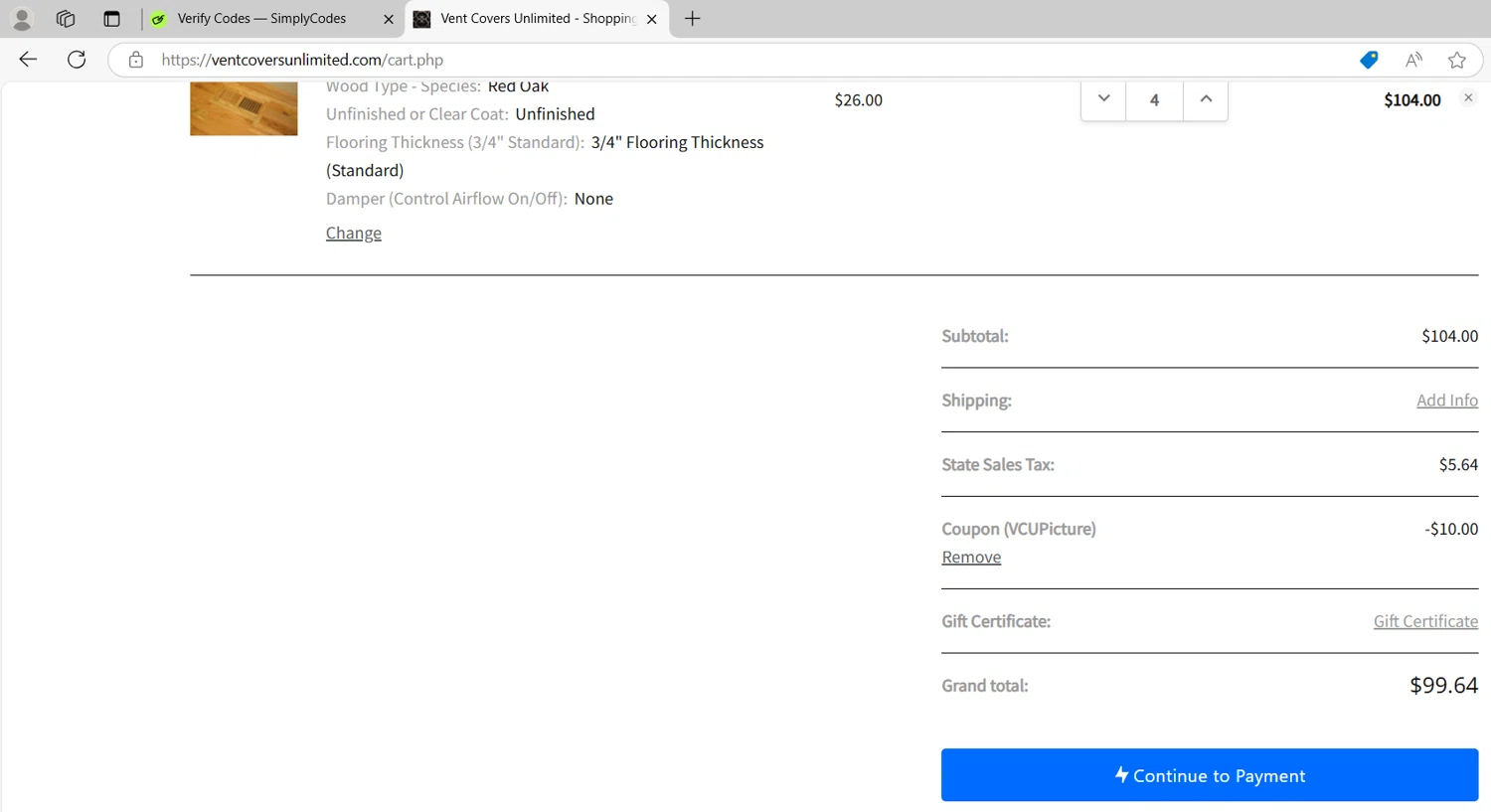 Vent Covers Unlimited checkout page showing Vent Covers Unlimited coupon code box | Screenshot taken by SimplyCodes community member on Oct 20, 2024