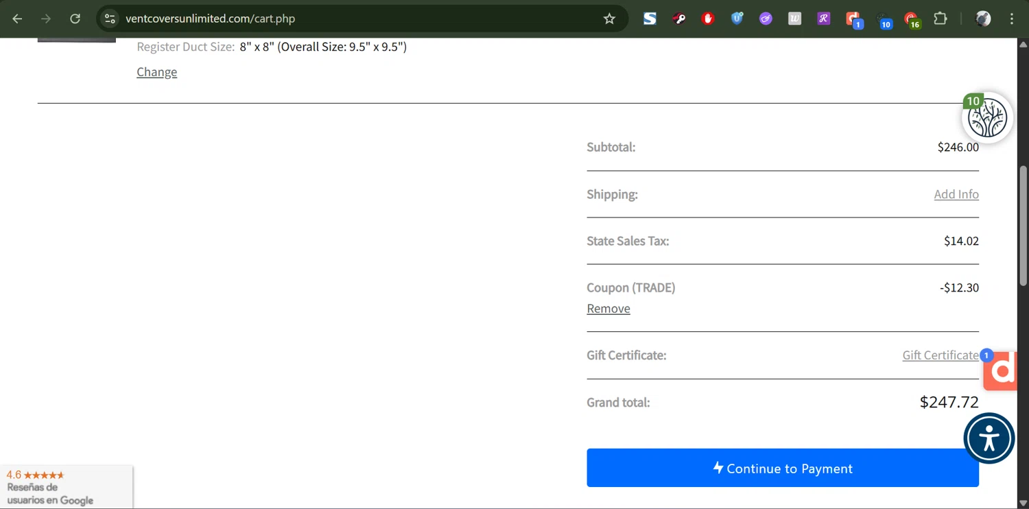Vent Covers Unlimited coupon code screenshot showing code trade applied at Vent Covers Unlimited checkout page. Uploaded by SimplyCodes community member antonietarodriguez96 on Jul 8, 2025