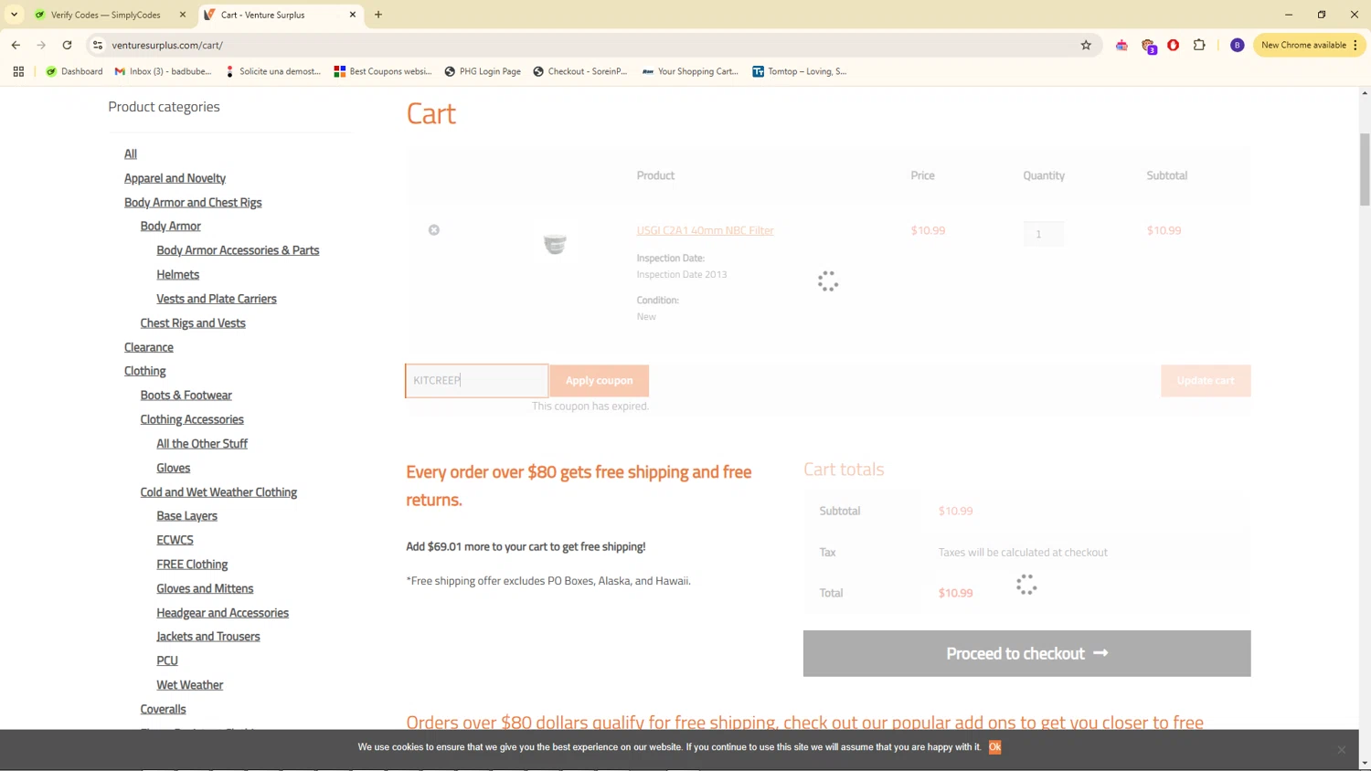 Venture Surplus coupon code screenshot showing code KITCREEP applied at Venture Surplus checkout page. Uploaded by SimplyCodes community member WiseSeeker4854 on Jan 8, 2025