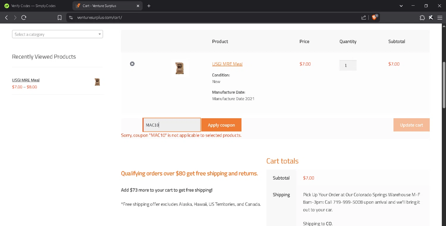 Venture Surplus coupon code screenshot showing code MAC10 applied at Venture Surplus checkout page. Uploaded by SimplyCodes community member MadaraUchiha07 on Jun 12, 2025