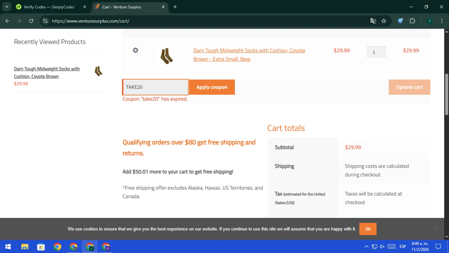 Venture Surplus coupon code screenshot showing code TAKE20 applied at Venture Surplus checkout page. Uploaded by SimplyCodes community member rodri1 on Feb 11, 2026