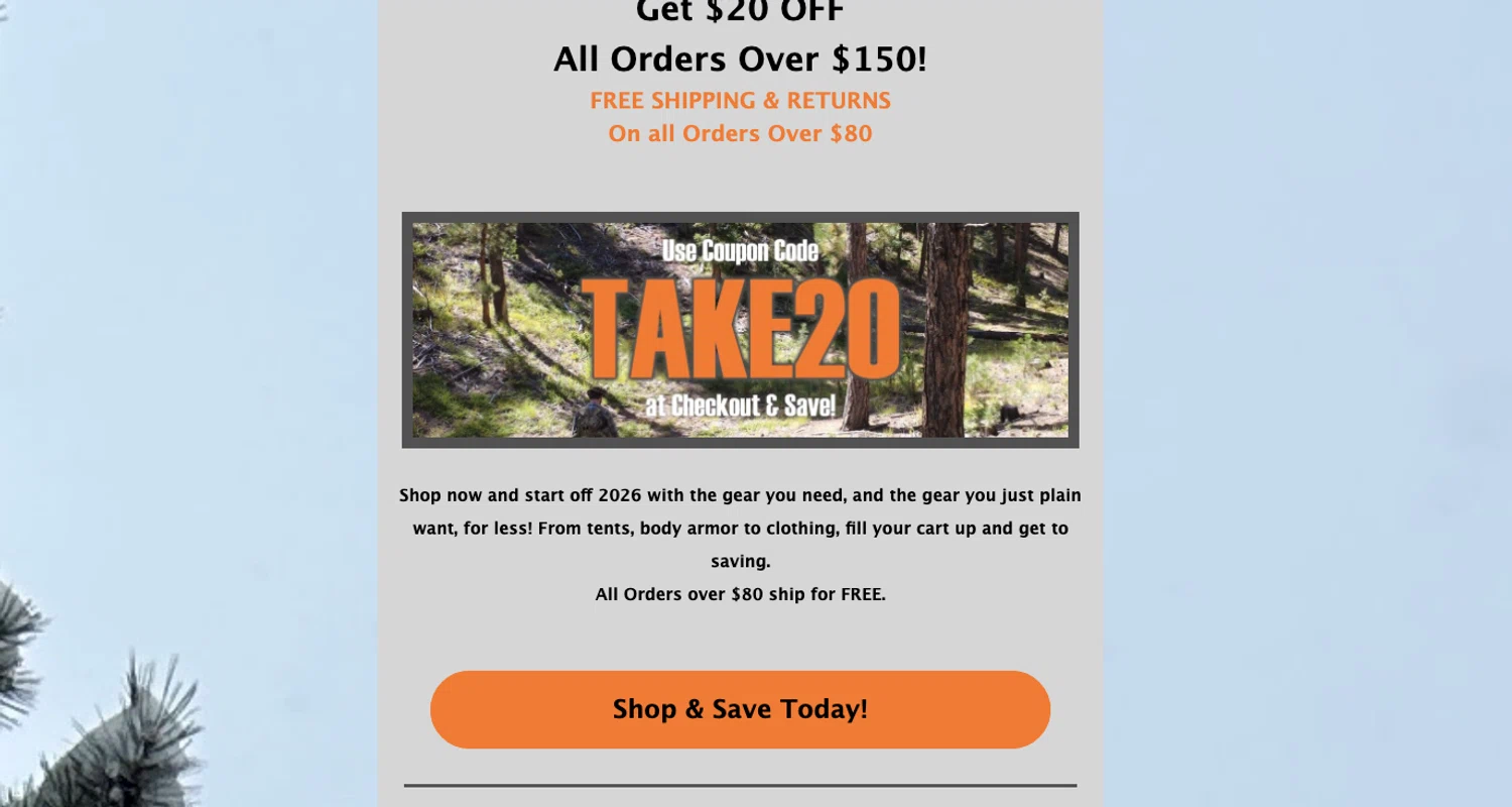 Venture Surplus coupon code screenshot showing code TAKE20 applied at Venture Surplus checkout page. Uploaded by SimplyCodes community member ELOIN777 on Jan 13, 2026