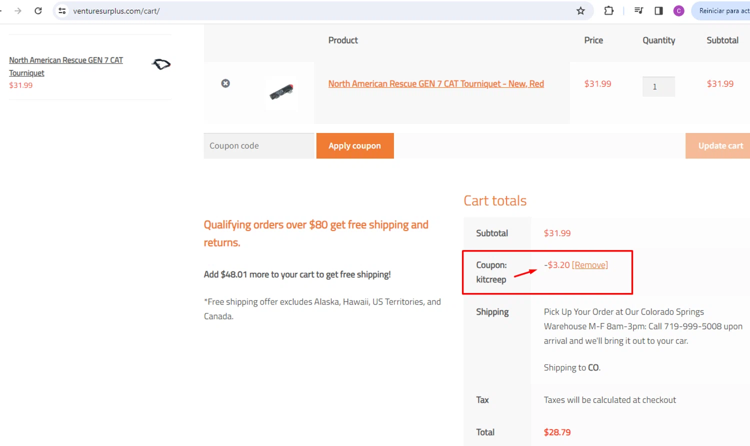 Venture Surplus coupon code screenshot showing code KITCREEP applied at Venture Surplus checkout page. Uploaded by SimplyCodes community member nileskamarcano on Aug 5, 2025
