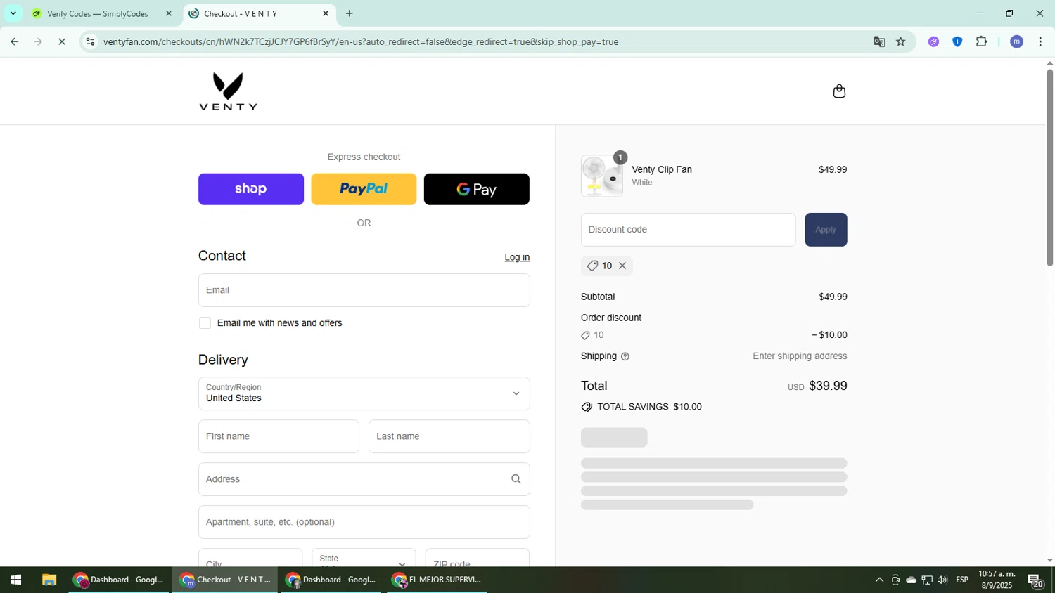 Venty discount code screenshot showing code 10 applied at Venty checkout page. Uploaded by SimplyCodes community member QuestDefender2661 on Sep 8, 2025