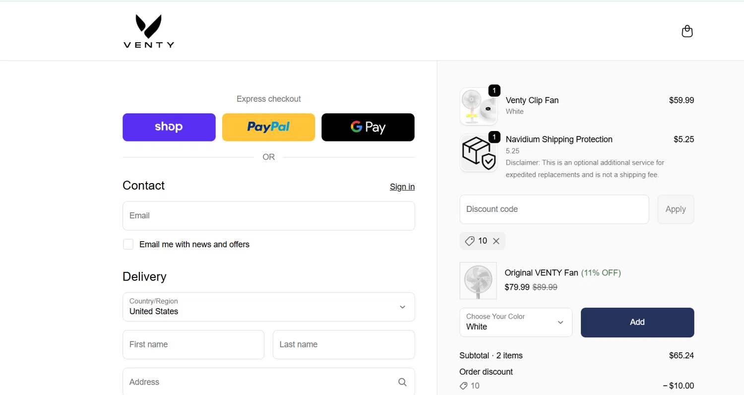 Venty discount code screenshot showing code 10 applied at Venty checkout page. Uploaded by SimplyCodes community member Selesbarbera24 on Dec 17, 2025