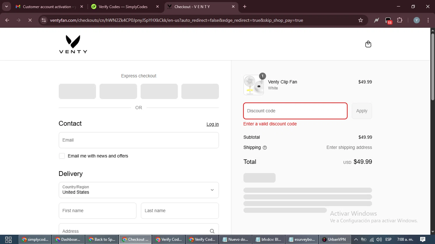 Venty discount code screenshot showing code laborday applied at Venty checkout page. Uploaded by SimplyCodes community member MoneyTiger5162 on Sep 4, 2025