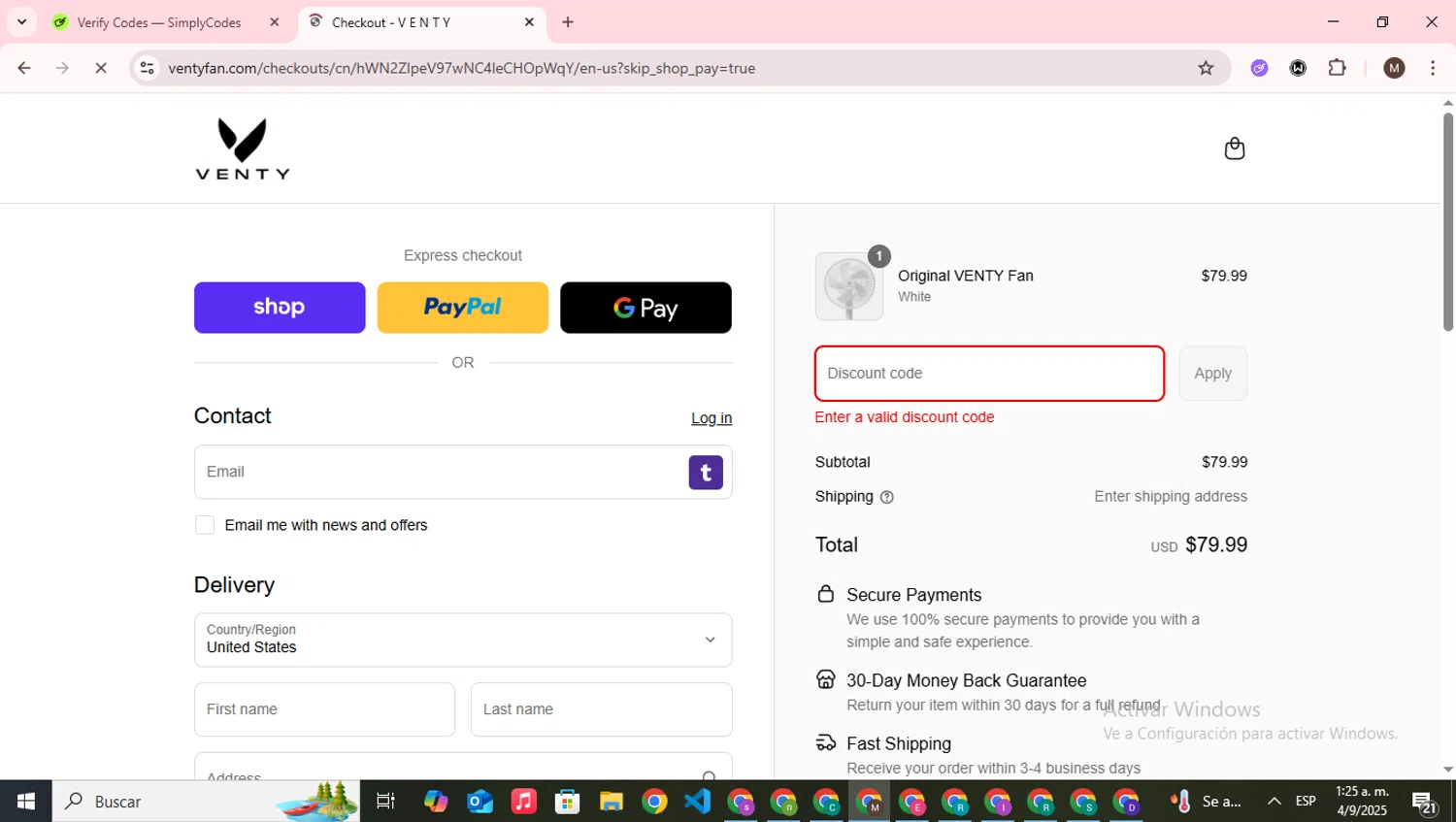 Venty discount code screenshot showing code laborday applied at Venty checkout page. Uploaded by SimplyCodes community member WonderWizard9060 on Sep 4, 2025