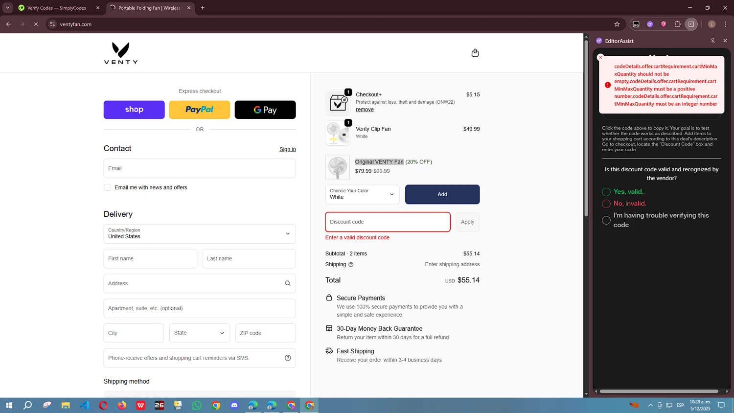 Venty discount code screenshot showing code BLACKFRIDAY applied at Venty checkout page. Uploaded by SimplyCodes community member marthairiarte on Dec 5, 2025