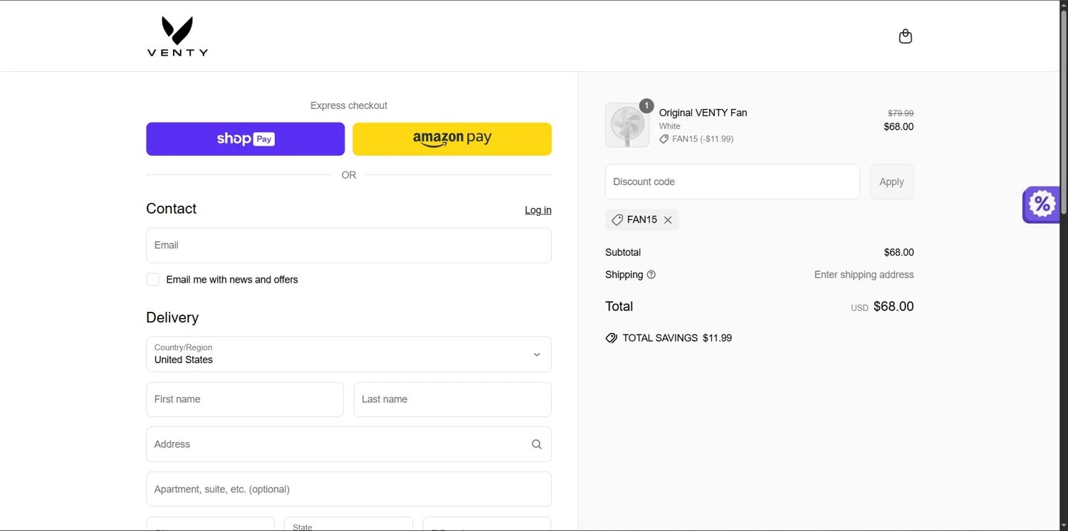 Venty discount code screenshot showing code FAN15 applied at Venty checkout page. Uploaded by SimplyCodes community member Depressive on Jun 17, 2025