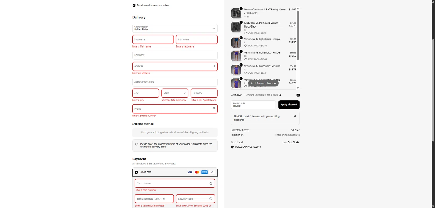 Venum discount code screenshot showing code TENERE applied at Venum checkout page. Uploaded by SimplyCodes community member CashBoss2418 on Dec 13, 2025