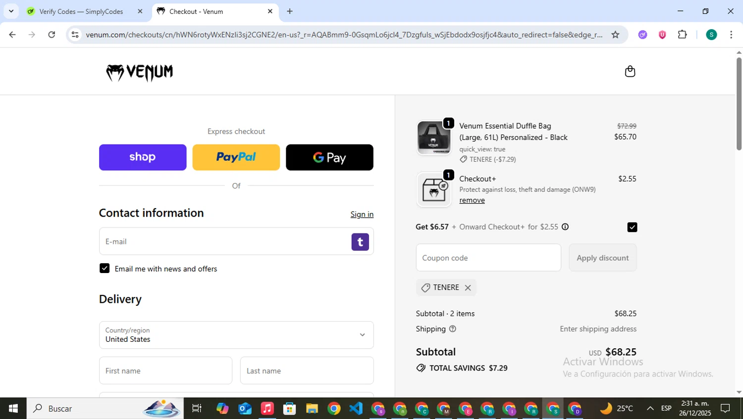 Venum discount code screenshot showing code TENERE applied at Venum checkout page. Uploaded by SimplyCodes community member VictoriousPilot5281 on Dec 26, 2025