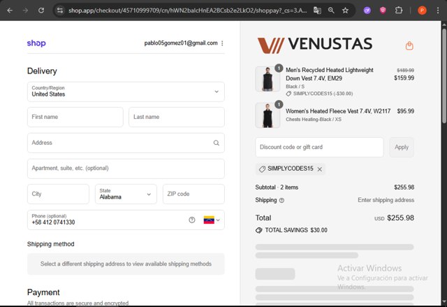 Venustas checkout page showing Venustas discount code box | Screenshot taken by SimplyCodes community member on Sep 4, 2025