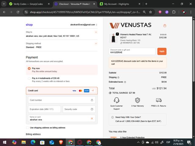 Venustas checkout page showing Venustas discount code box | Screenshot taken by SimplyCodes community member on Sep 22, 2025