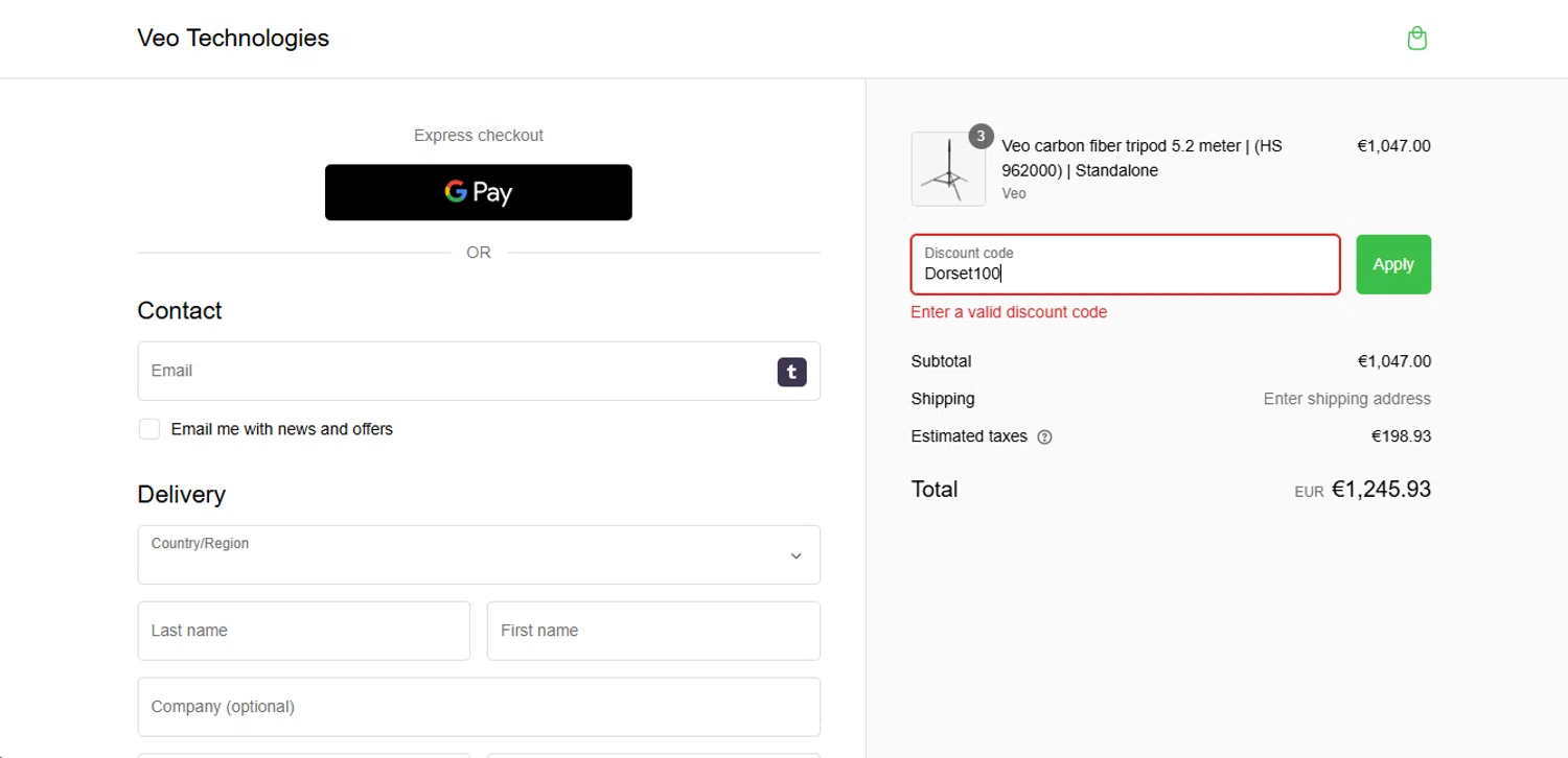 Veo Camera discount code screenshot showing code Dorset100 applied at Veo Camera checkout page. Uploaded by SimplyCodes community member MrsPopo on Feb 25, 2025