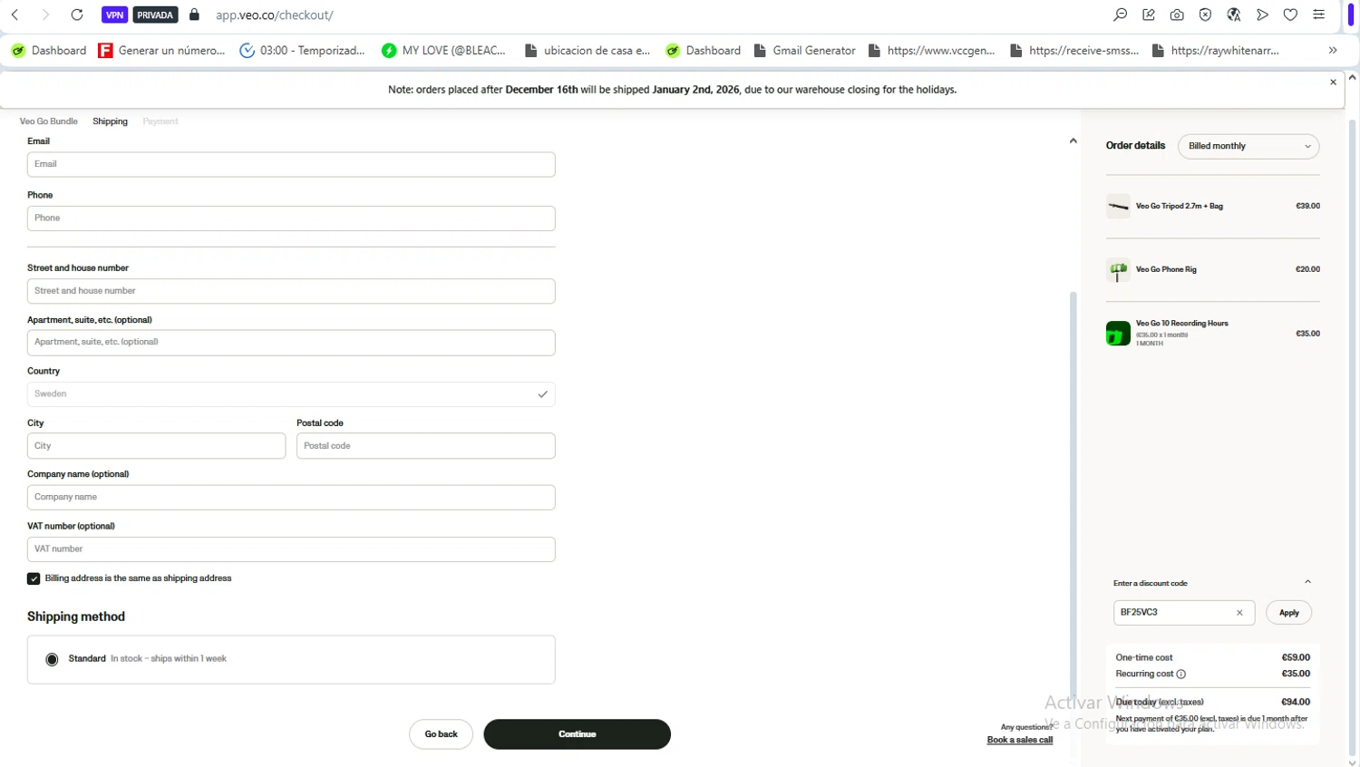 Veo Camera discount code screenshot showing code BF25VC3 applied at Veo Camera checkout page. Uploaded by SimplyCodes community member Franco20 on Dec 17, 2025