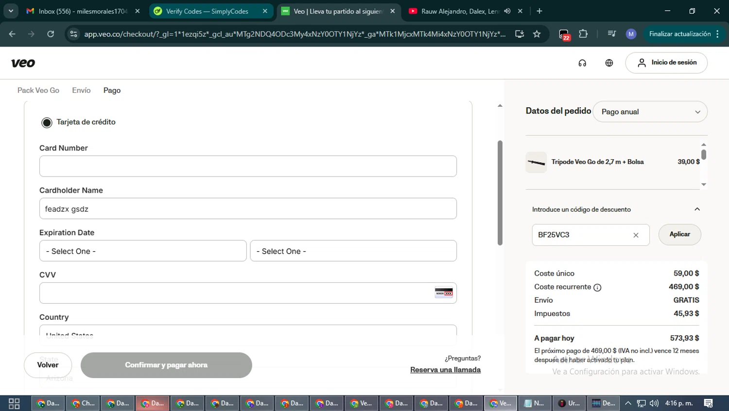 Veo Camera checkout page showing Veo Camera discount code box | Screenshot taken by SimplyCodes community member on Dec 5, 2025
