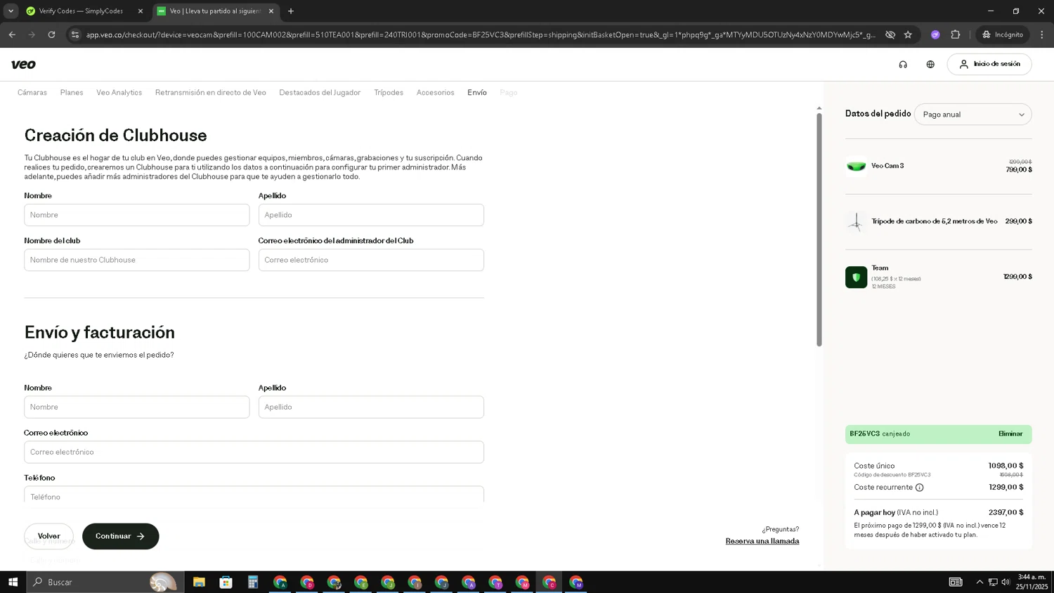 Veo Camera checkout page showing Veo Camera discount code box | Screenshot taken by SimplyCodes community member on Nov 25, 2025