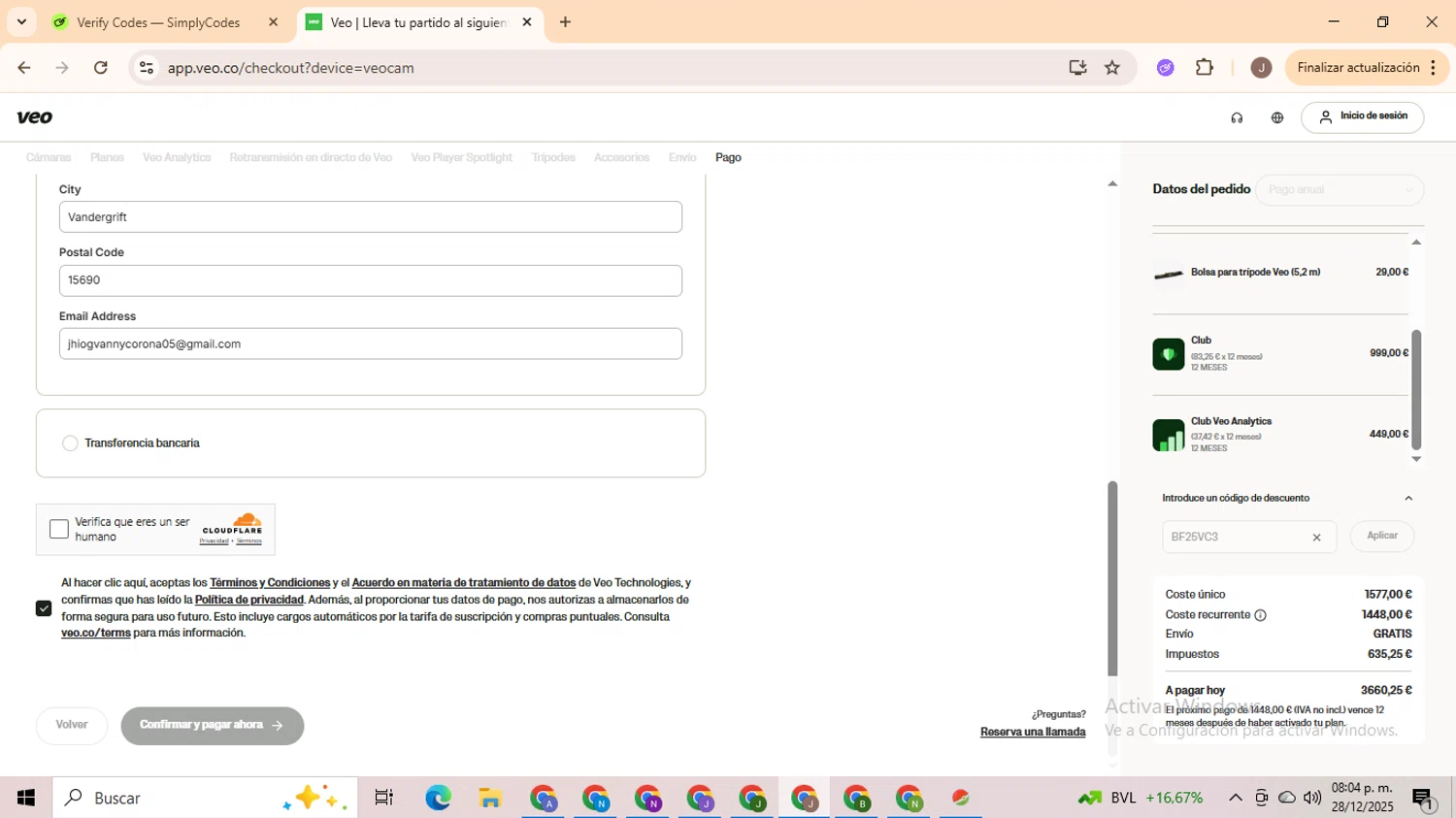 Veo Camera discount code screenshot showing code BF25VC3 applied at Veo Camera checkout page. Uploaded by SimplyCodes community member ValiantHero2365 on Dec 29, 2025