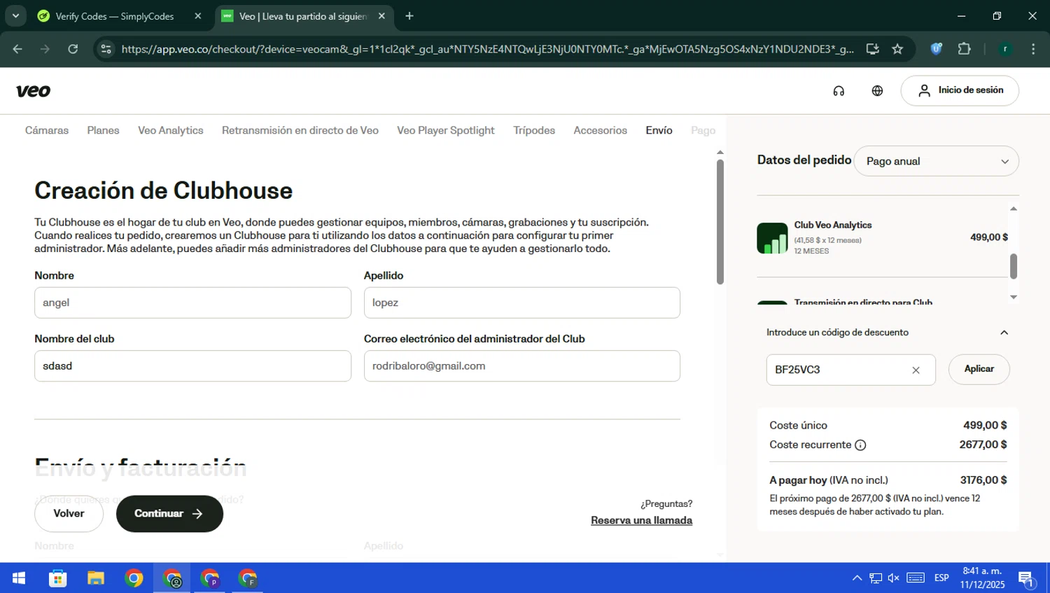 Veo Camera checkout page showing Veo Camera discount code box | Screenshot taken by SimplyCodes community member on Dec 11, 2025