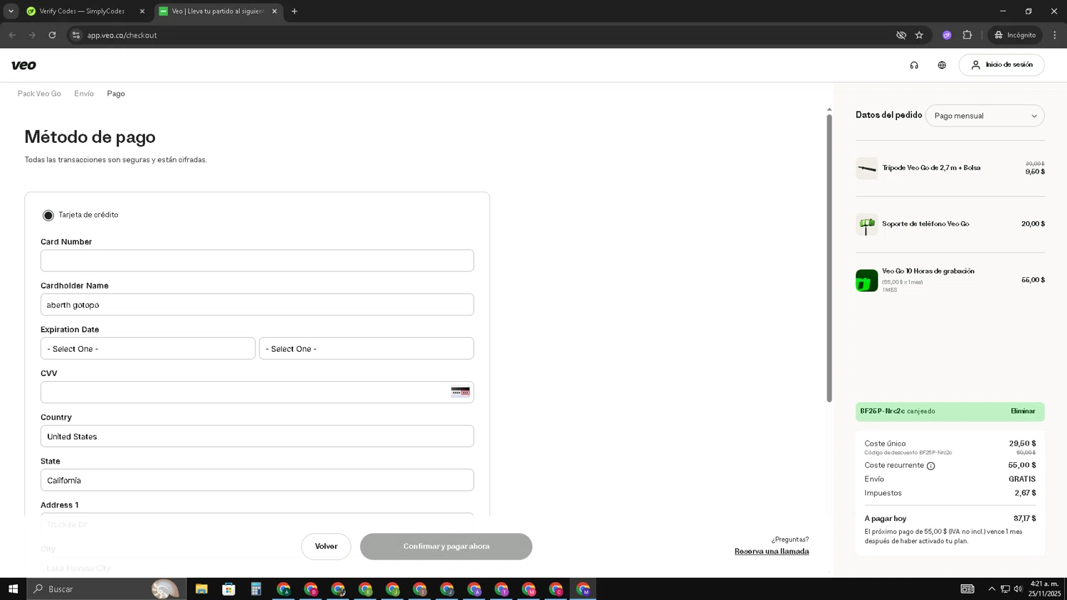 Veo Camera discount code screenshot showing code BF25P-Nrc2c applied at Veo Camera checkout page. Uploaded by SimplyCodes community member CRF250CC on Nov 25, 2025