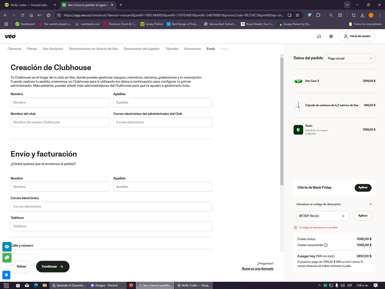 Veo Camera discount code screenshot showing code BF25P-Nrc2c applied at Veo Camera checkout page. Uploaded by SimplyCodes community member VayneChambeadora on Nov 30, 2025