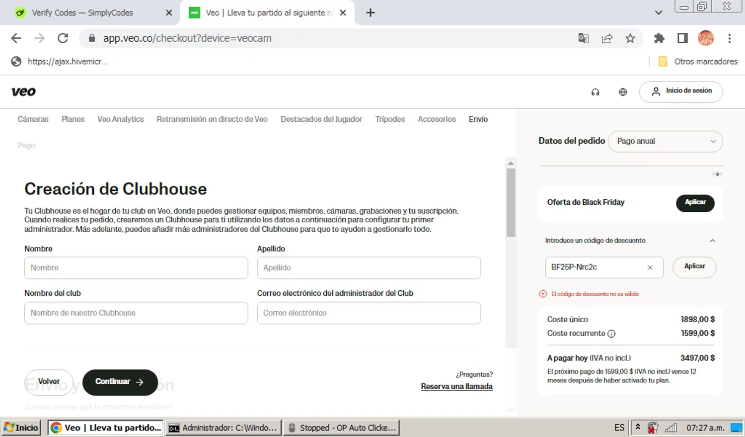Veo Camera discount code screenshot showing code BF25P-Nrc2c applied at Veo Camera checkout page. Uploaded by SimplyCodes community member hectordiaz on Nov 30, 2025