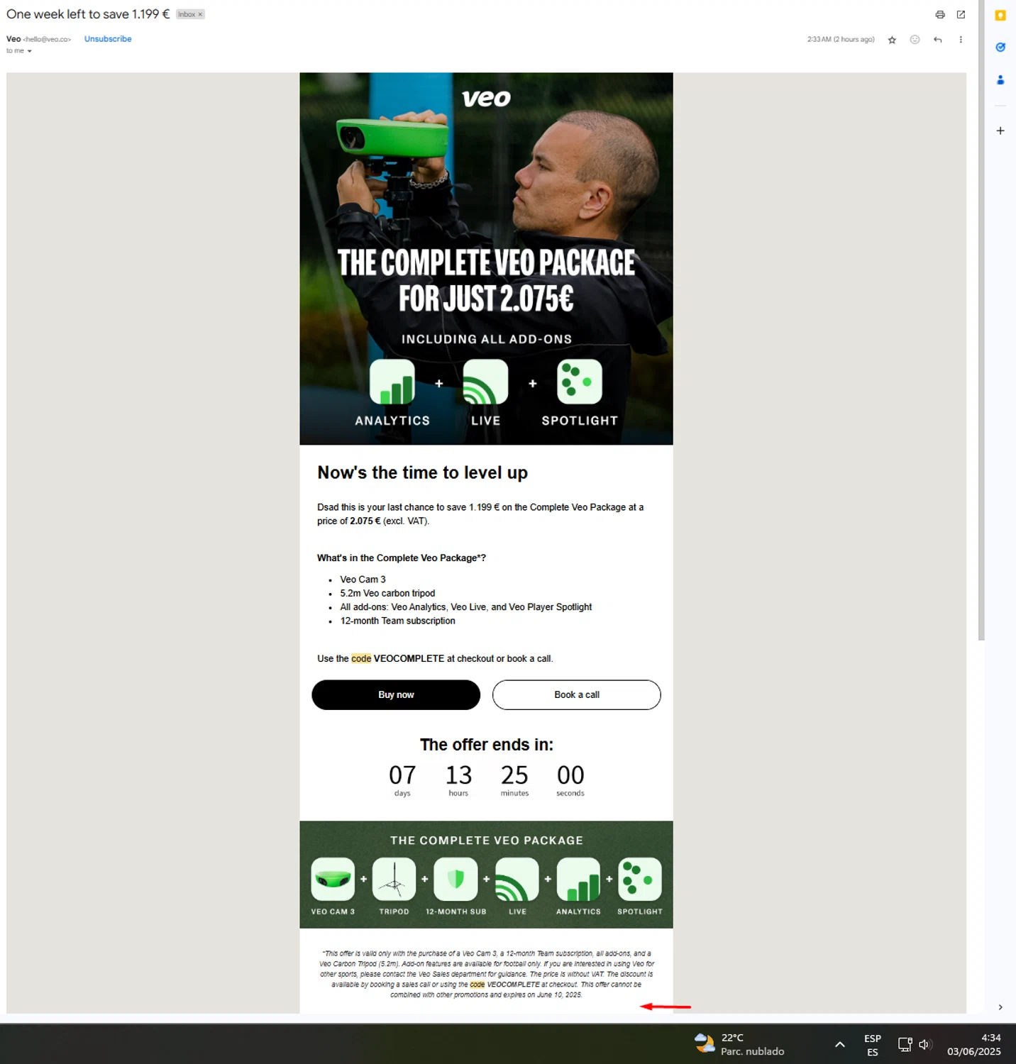 Veo Camera discount code screenshot showing code VEOCOMPLETE applied at Veo Camera checkout page. Uploaded by SimplyCodes community member UnkNownVnzla on Jun 3, 2025