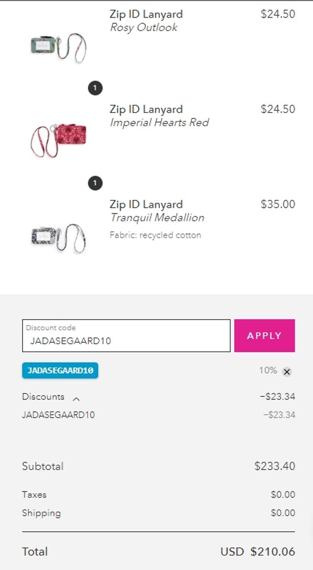 Vera Bradley Outlet checkout page showing Vera Bradley Outlet discount code box | Screenshot taken by SimplyCodes community member on Jul 31, 2023
