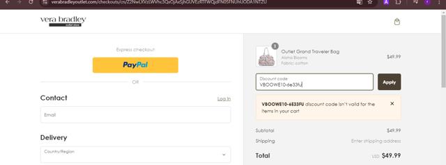 Vera Bradley Outlet checkout page showing Vera Bradley Outlet discount code box | Screenshot taken by SimplyCodes community member on Sep 23, 2024