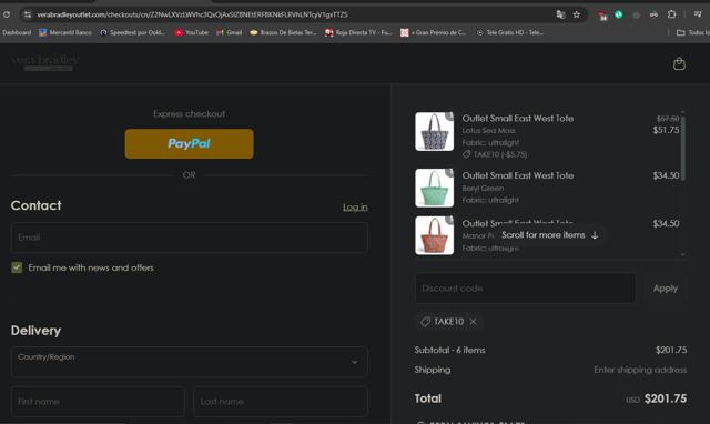 Vera Bradley Outlet checkout page showing Vera Bradley Outlet discount code box | Screenshot taken by SimplyCodes community member on May 15, 2025