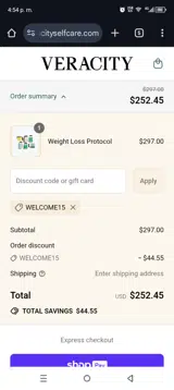 WELCOME15 coupon verification screenshot