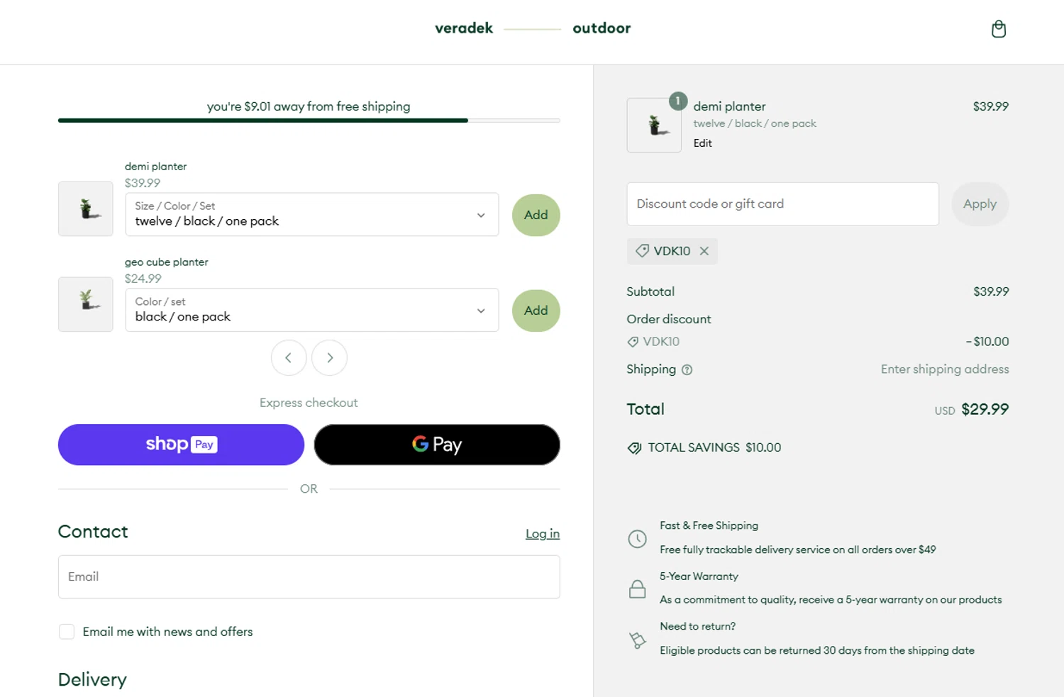 Veradek Outdoor promo code screenshot showing code VDK10 applied at Veradek Outdoor checkout page. Uploaded by SimplyCodes community member CashTracker4266 on Jan 28, 2025
