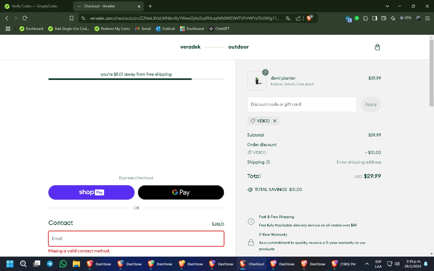 Veradek Outdoor promo code screenshot showing code VDK10 applied at Veradek Outdoor checkout page. Uploaded by SimplyCodes community member ExtraordinaryExpert892 on Jan 28, 2025