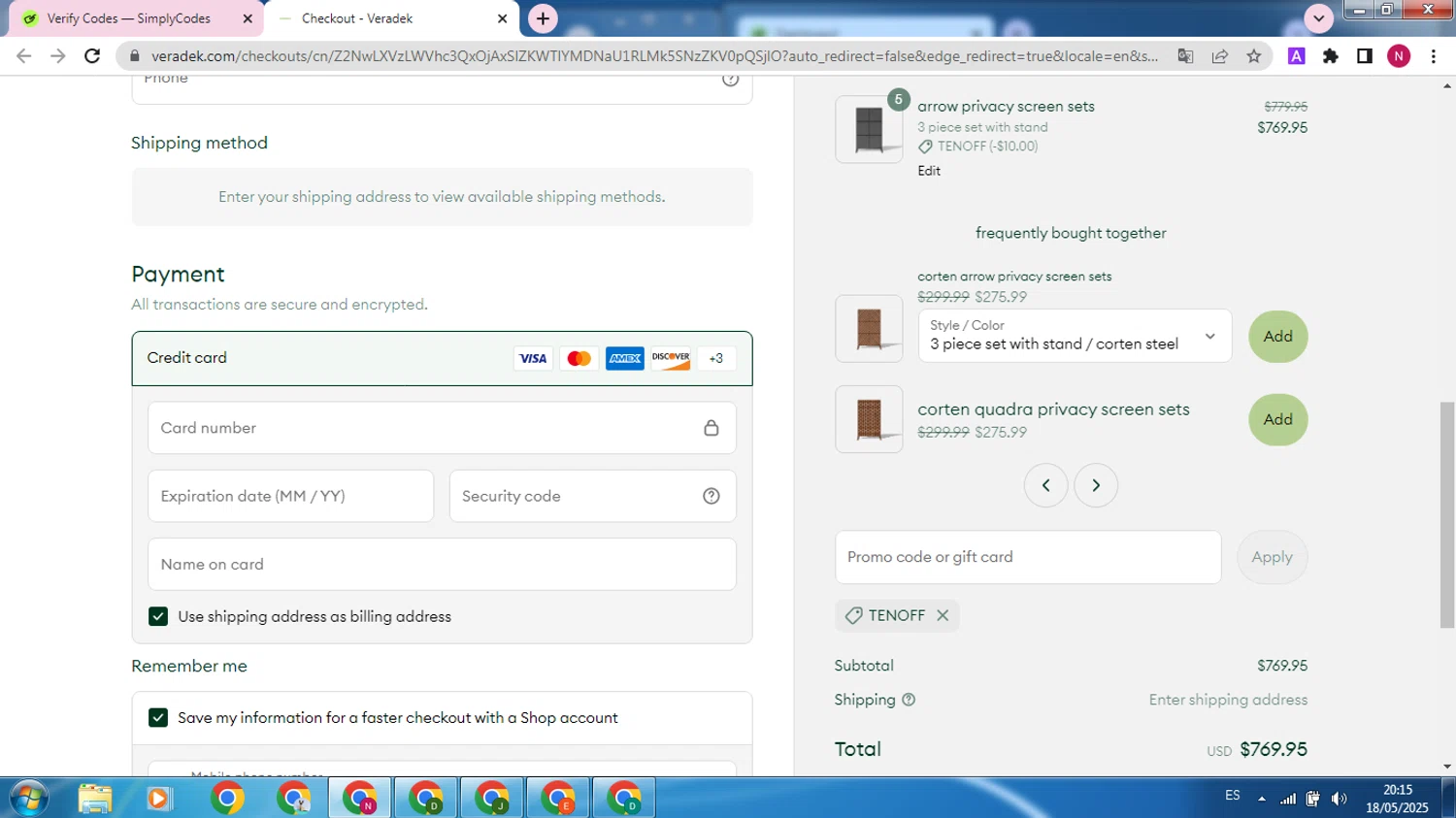 Veradek Outdoor promo code screenshot showing code TENOFF applied at Veradek Outdoor checkout page. Uploaded by SimplyCodes community member SilverMaverick387 on May 19, 2025