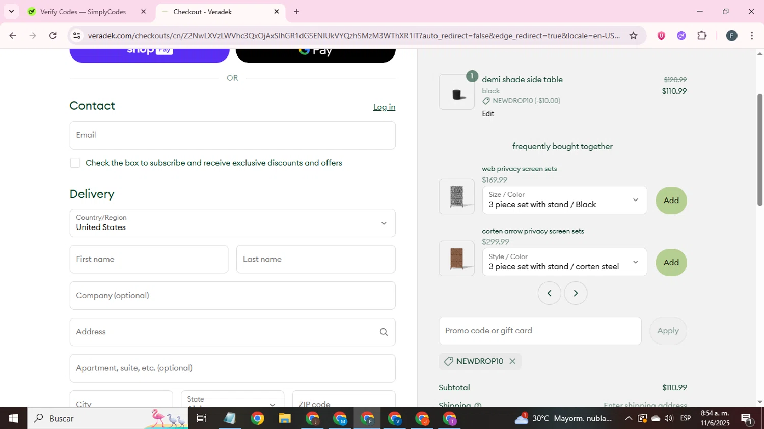 Veradek Outdoor promo code screenshot showing code NEWDROP10 applied at Veradek Outdoor checkout page. Uploaded by SimplyCodes community member BonusLegend3155 on Jun 11, 2025