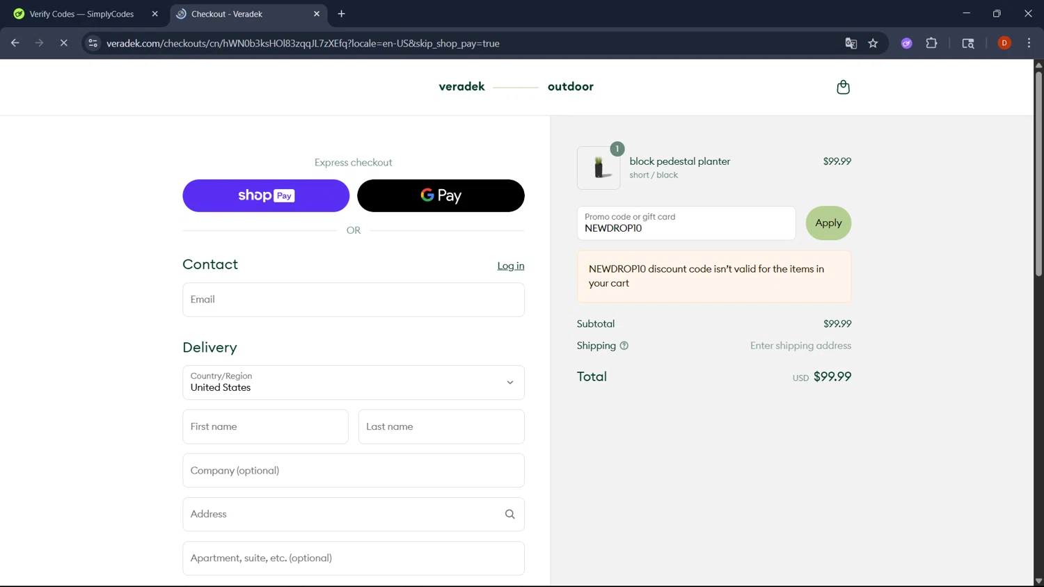 Veradek Outdoor promo code screenshot showing code NEWDROP10 applied at Veradek Outdoor checkout page. Uploaded by SimplyCodes community member RoyalSaver3150 on Jul 14, 2025