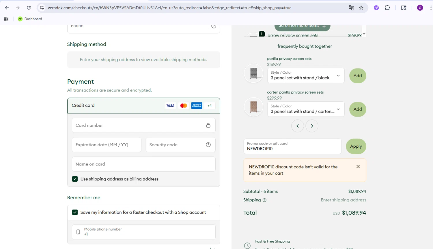 Veradek Outdoor promo code screenshot showing code NEWDROP10 applied at Veradek Outdoor checkout page. Uploaded by SimplyCodes community member WiseMaverick4603 on Oct 7, 2025