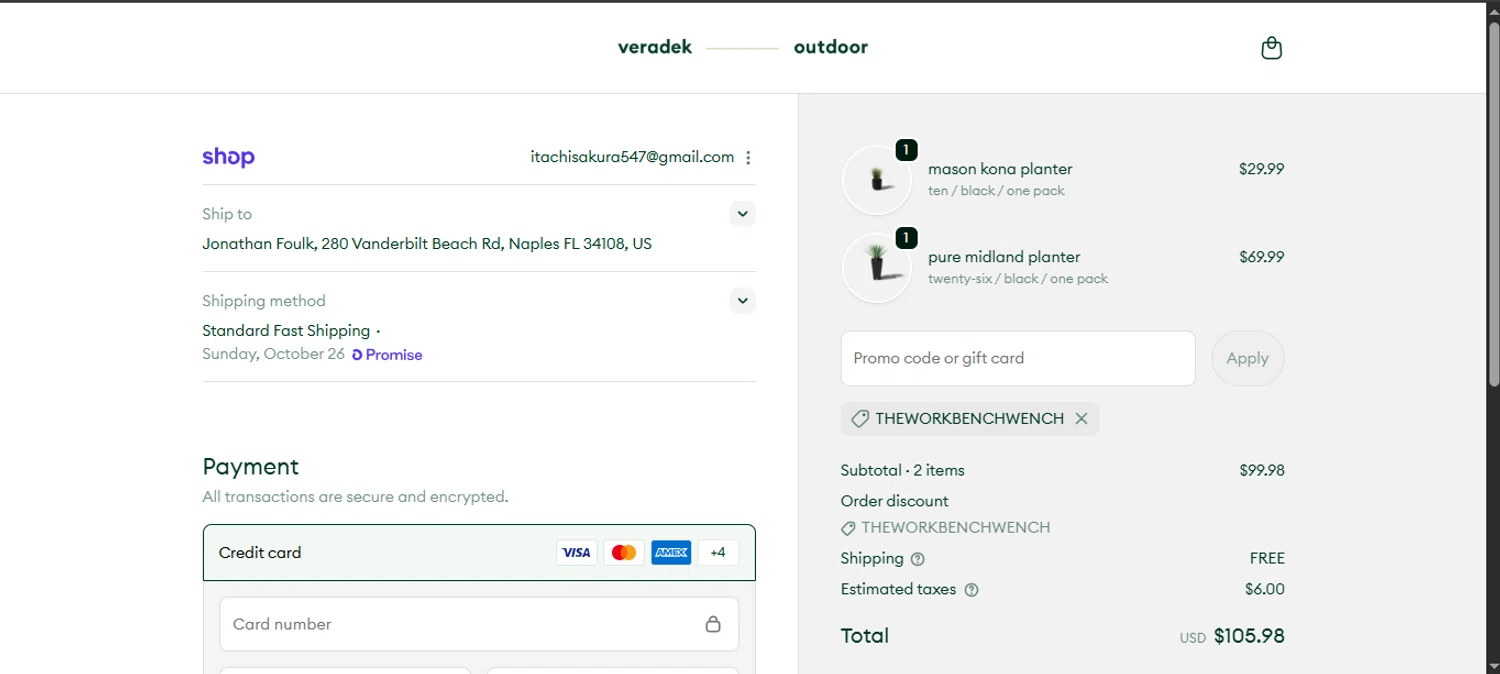 Veradek Outdoor promo code screenshot showing code THEWORKBENCHWENCH applied at Veradek Outdoor checkout page. Uploaded by SimplyCodes community member noworries on Oct 23, 2025