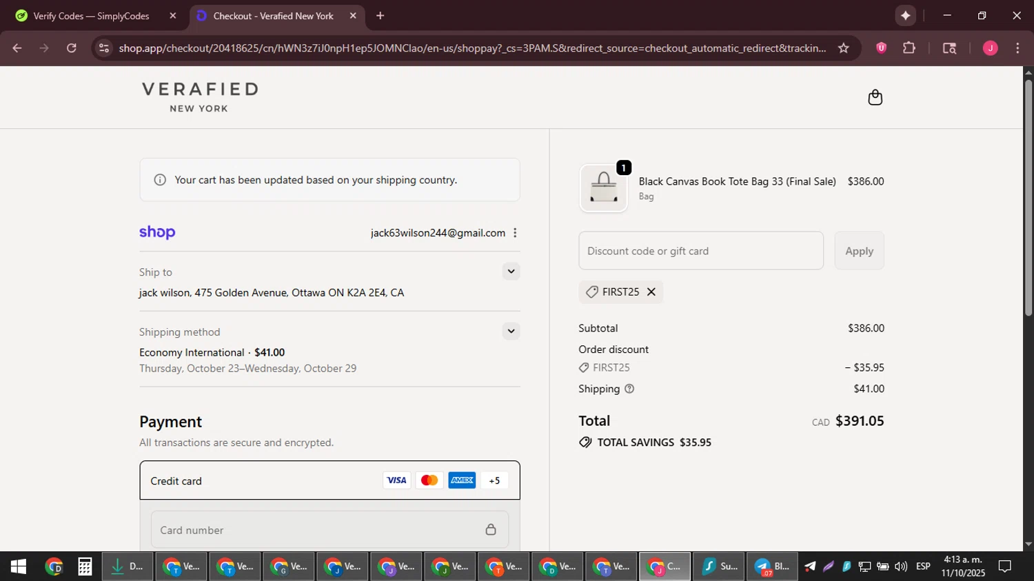 VERAFIED discount code screenshot showing code FIRST25 applied at VERAFIED checkout page. Uploaded by SimplyCodes community member JackWilson63 on Oct 11, 2025